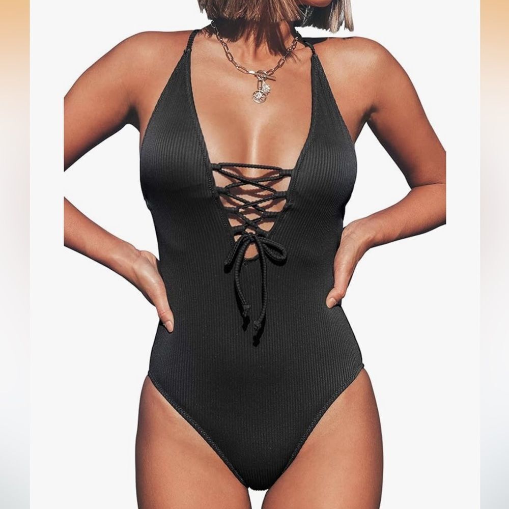 NWT Small CUPSHE Women's Ribbed Solid Color V Neck Lace Up One Piece Swimsuit